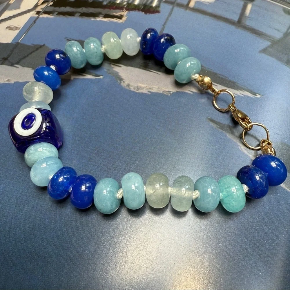 Hand Knotted Blue Evil Eye Jade Beaded Bracelet